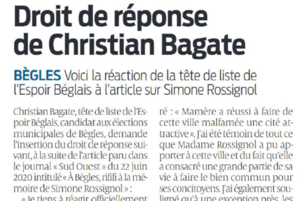 Droit de Réponse de Christian BAGATE suite à l'article « à Bègles du rififi ... »